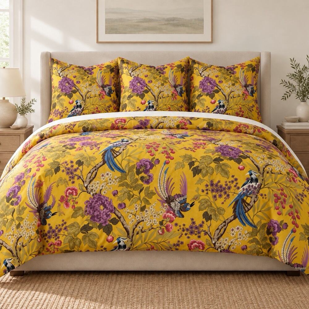 Pottery Barn Brynn King Duvet plus 3 Euro Shams Floral Birds Cotton Linen 4pc